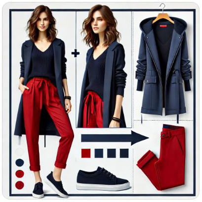 AI-generated version of the navy and red outfit, maintaining the dynamic and confident appeal.