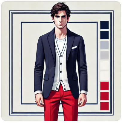AI-generated version of the navy and red outfit, maintaining the dynamic and confident appeal.