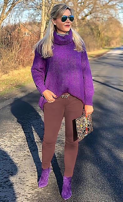 Purple turtleneck sweater outfit