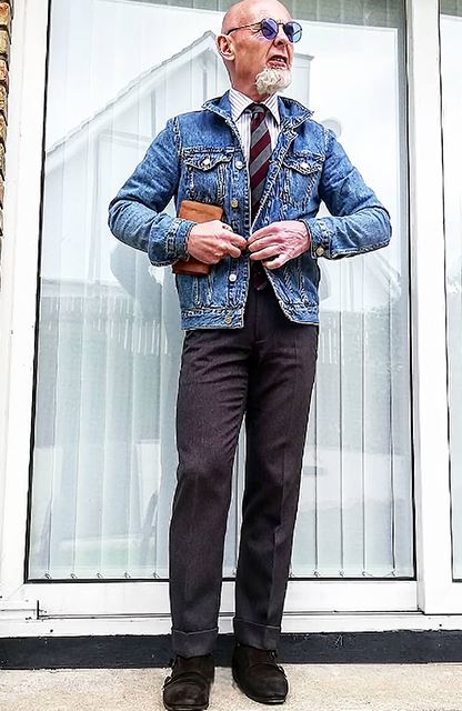 Denim jacket with dress shirt and tie