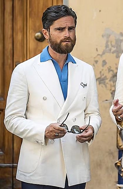 White double-breasted jacket with blue polo shirt