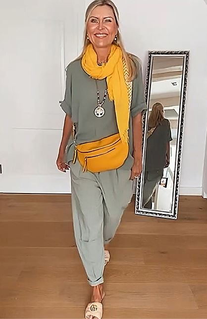 Olive green monochromatic outfit with yellow accents